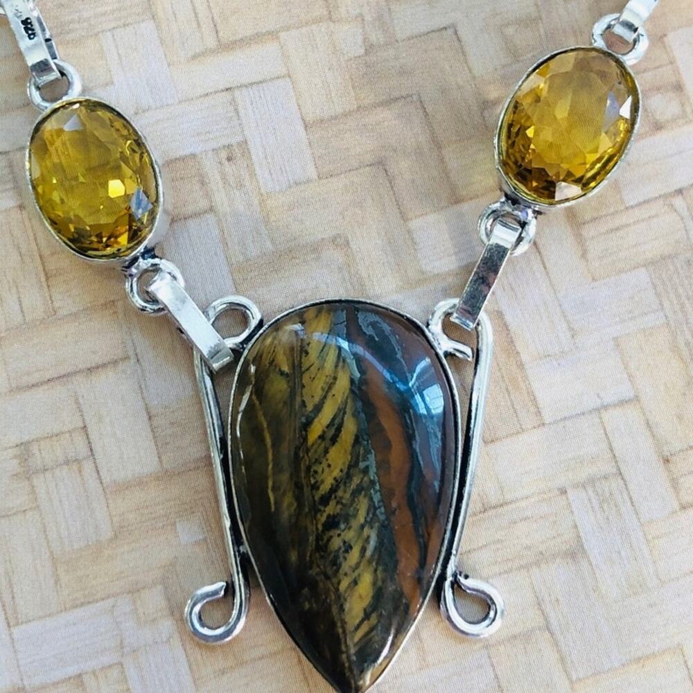 925 Sterling Iron Tiger Eye & Citrine Necklace  20"